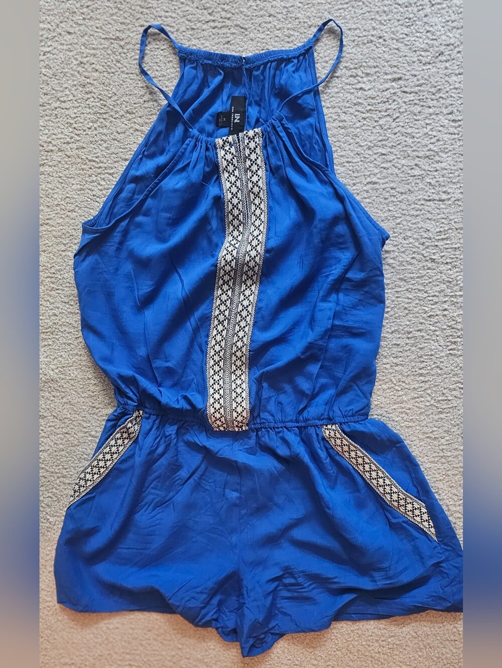I.N. San Francisco blue halter romper features a bohemian-inspired embroidered - Picture 6 of 8